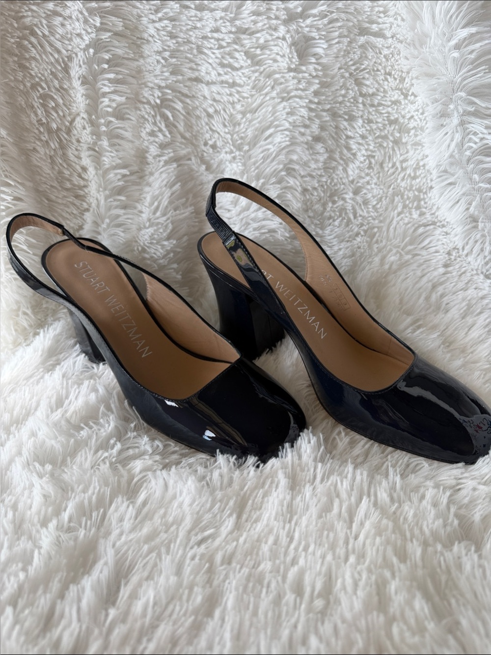 Stuart Weitzman Navy Patent Slingback Block Heels